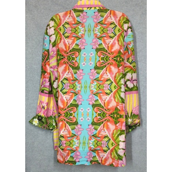 Antica Sartoria Flamingo Beaded Shirt Blouse 2X Cotton Button Up Boho Chic Beach - Picture 5 of 10